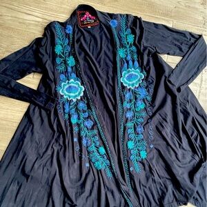 Johnny Was Open Front Jacket Cotton Embroidered Long Sleeve Black/Blue SZ S